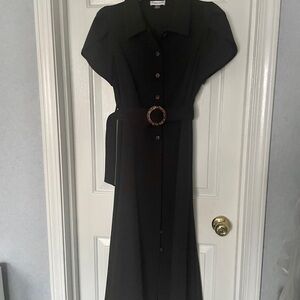 Calvin Klein Black Button-Front Maxi Dress with Statement Belt and Tulip Sleeves